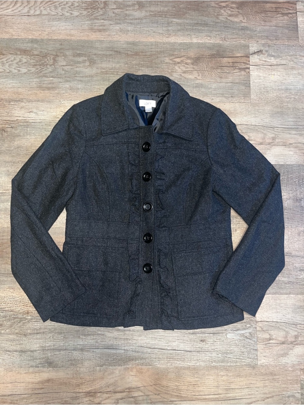 LOFT Dark Charcoal Wool Blend Ruffle-Trim Button Jacket